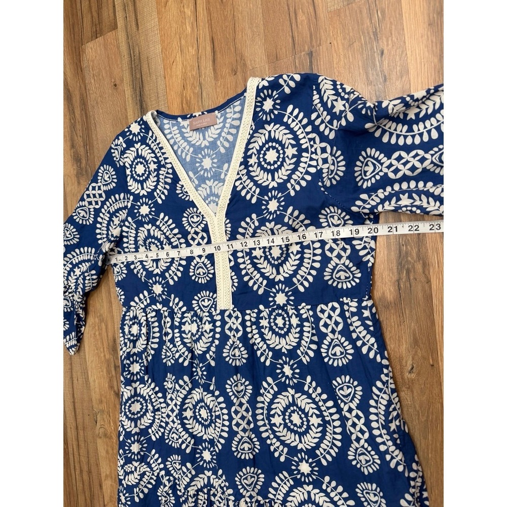 Saiph Lab Italy Blue Boho Cotton Dress L Tiered V Neck Peasant - Picture 9 of 10